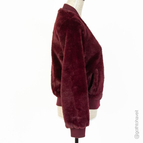 Love Tree Faux Fur Burgundy Bomber Jacket - Picture 2 of 6